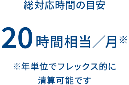 総対応時間の目安 20時間相当/月 ※年単位でフレックス的に清算可能です